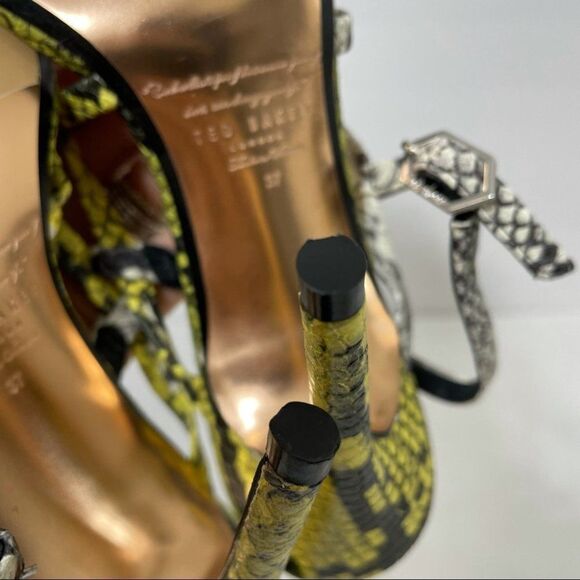 Ted Baker Theanaa Snakeskin Embossed Leather Heeled Sandals Neon Yellow size 37 - Picture 14 of 15